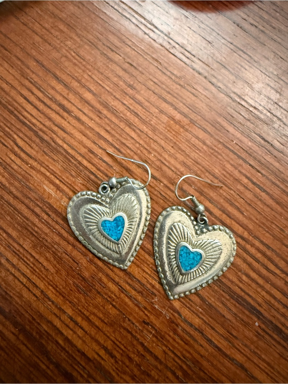 Silver-Tone Heart Drop Earrings with Turquoise Inlay